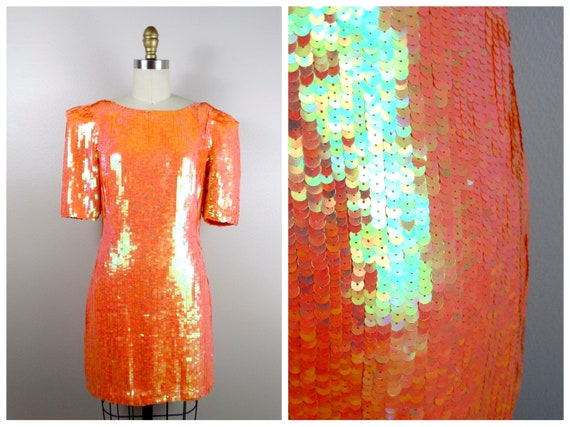 Neon Sequin Mini Dress / AMAZING Iridescent Sequi… - image 5