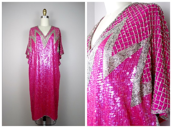 70s HALSTON Pink Sequin Dress Vintage Beaded Sequined Dolman Dress 1970s Designer Couture Hot Pink Dress Etsy Sweden