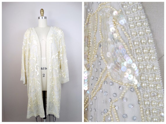 Ivory Pearl Beaded Sequined Long Jacket // Sequin