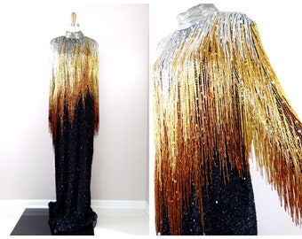 Naeem Khan HEAVILY Beaded Fringe Gown // HEAVY All Embellished Evening Dress by RIAZEE // Fringed Beaded Couture Gown 10 lbs !!!
