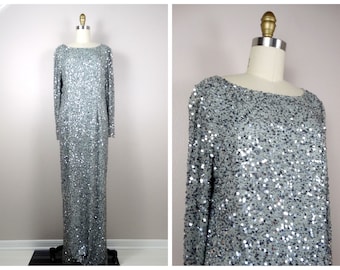 M/L Fully Sequined Gown / Silver & Gray Beaded Silk Full Length Dress / Heavily Embellished Gown