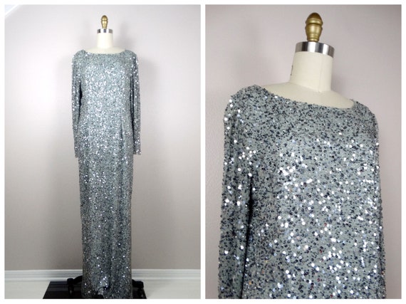 90s Fully Sequined Gown / Silver & Gray Beaded Si… - image 1