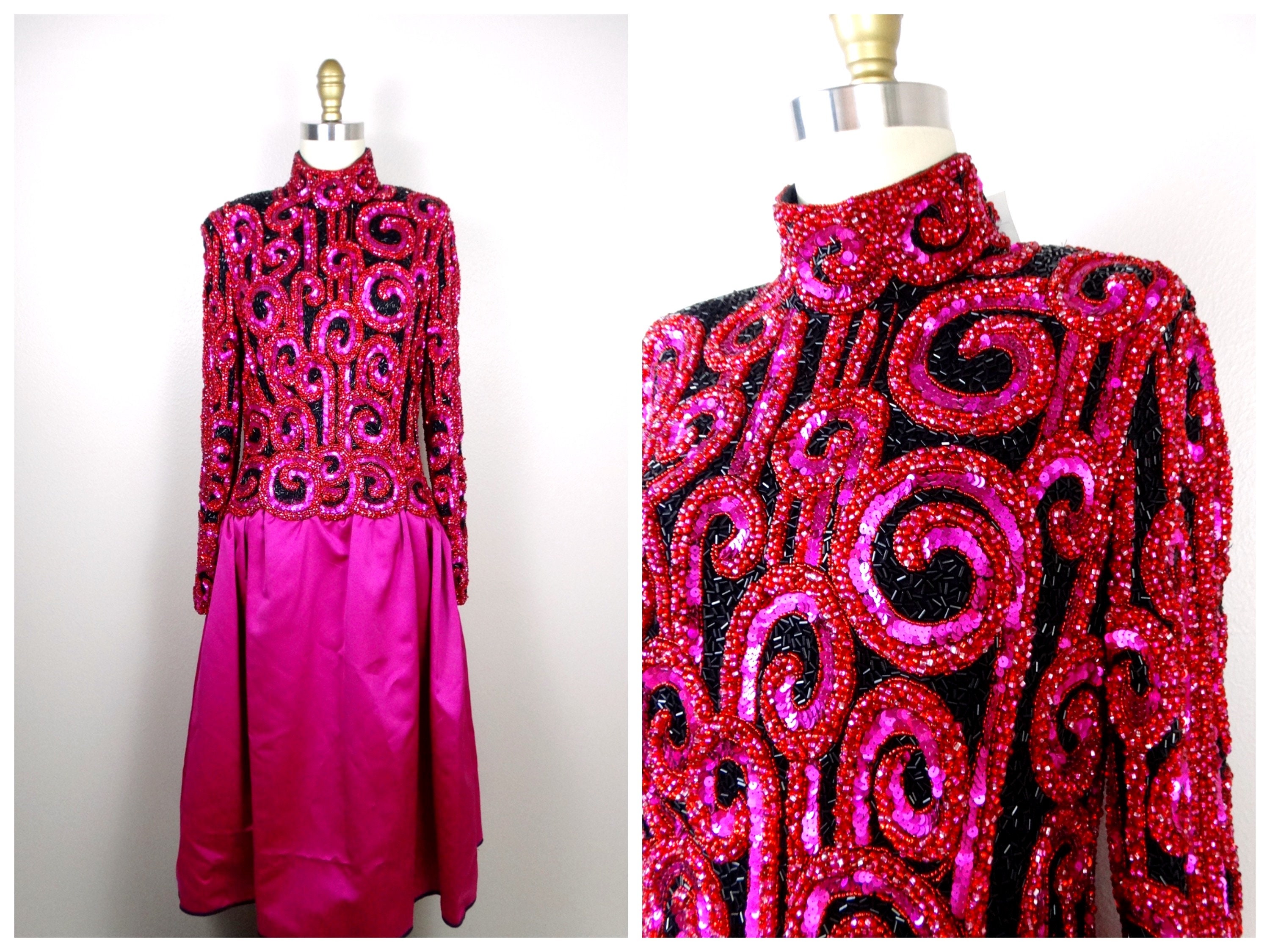 Bob Mackie Beaded Couture Dress - Bright Pink Vintage Cocktail Gown