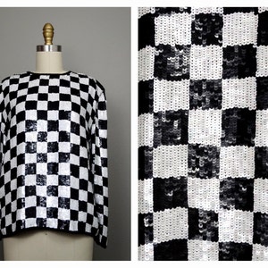 M/L Retro Fully Sequined Top // Black and White Checkered Sequin Embellished Top