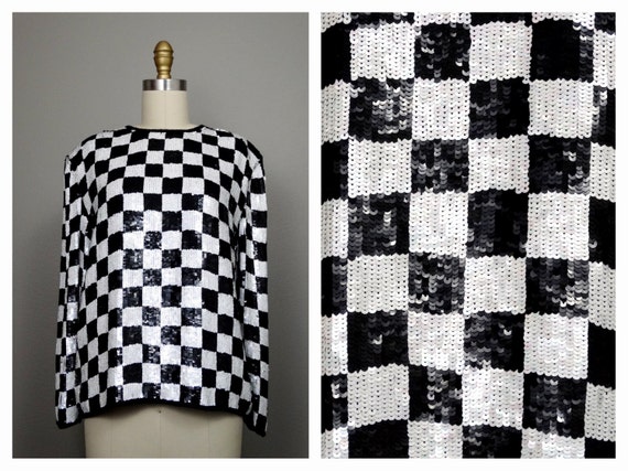 M/L Retro Fully Sequined Top // Black and White Checkered