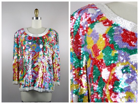 80s 90s Oleg Cassini Sequin Top / Red Yellow Whit… - image 1