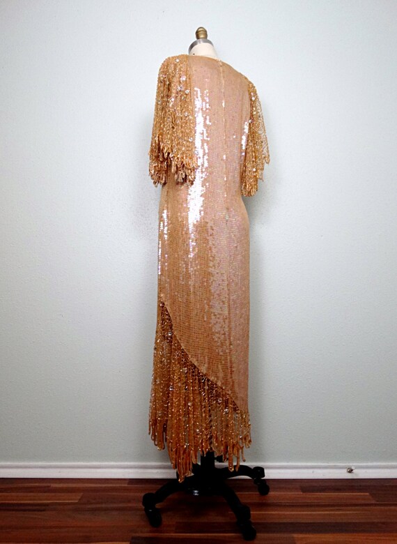 champagne art deco dress Art Deco Beaded Wedding Dress: Long Sleeve Champagne Fitted Gown