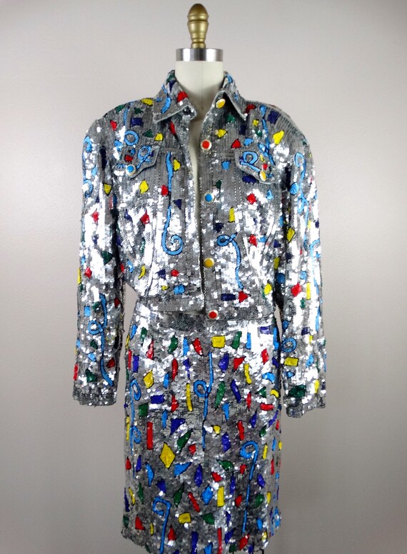 80s Funky Glam Sequin Jacket and Skirt // Mirror … - image 5