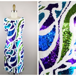 90s 00s Sequin Dress / 1990&#39;s 2000&#39;s Vintage White Purple Blue & Green Sequined Dress by Adrienne Vittadini