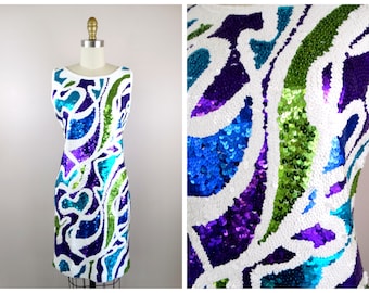 Stretchy Sequin Dress / 1990's 2000's Vintage White Purple Blue & Green Sequined Dress by Adrienne Vittadini