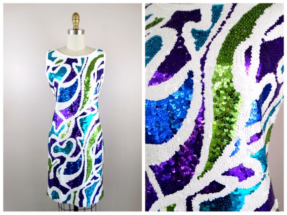 S/M 90s Sequin Dress // 1990’s Vintage White Purp… - image 1