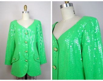 70s Neon Sequin Blazer by Lillie Rubin / Lime Green Sequined Jacket w/ Rhinestone Buttons