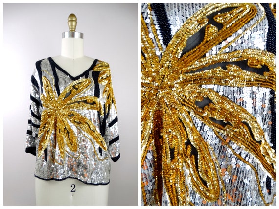 M/L Vintage Sequin Top / St. Martin Mirror Silver… - image 6