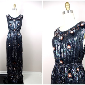 Floral Sequined Maxi Dress / Fully Embellished Vintage Sequin Beaded Sleeveless Formal Gown w/ Belt