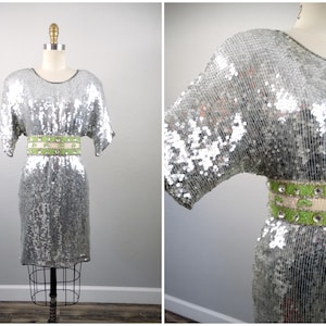 80s Flashy Sequin Dress // Fully Embellished Disco Party Dress S/M