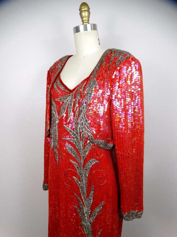 M/L Red Silk Sequined Beaded Evening Gown w/ Bole… - image 3