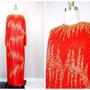 VTG Stark wulstiges Strasskleid / Vintage in voller Länge verzierte Dolman-Ärmelkleid / Rot- und Gold-Abendkleid