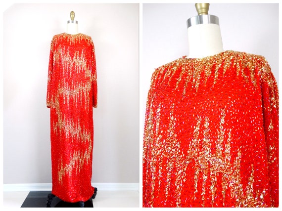 women's beaded dolman-sleeve dress VTG Heavily Rhinestone Gown / Vintage Full Length Embellished Dolman Sleeve / Red and Gold Formal Evening Gown minimal chic Maxi Dress with Denim Color:M-Yellow this dress transitions seamlessly