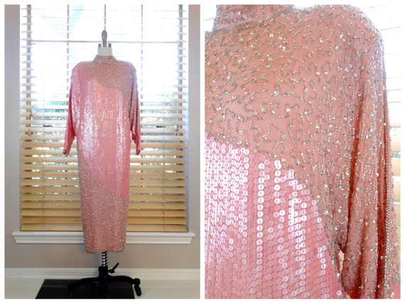 L | Pink Beaded Sequined Dress // Pastel Sequin Em
