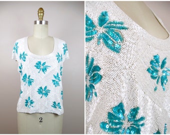 Vintage FULLY Beaded Top / Heavily Glass Beaded Bustier Top / HEAVY All Bead Embellished Top / White Turquoise Teal Floral