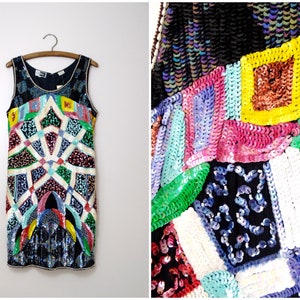 80s Bright Colorful Sequin Dress / 1980’s Funky Psychedelic Sequined Beaded Party Dress