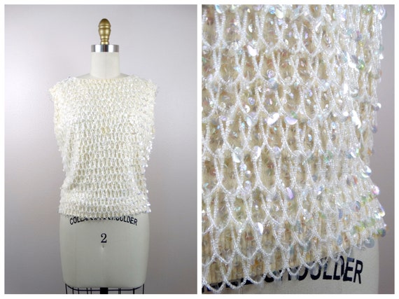 braxae S/M Iridescent Beaded Fringe Top // 50s 60s Sequin Embellished Ivory Vintage Crop Top