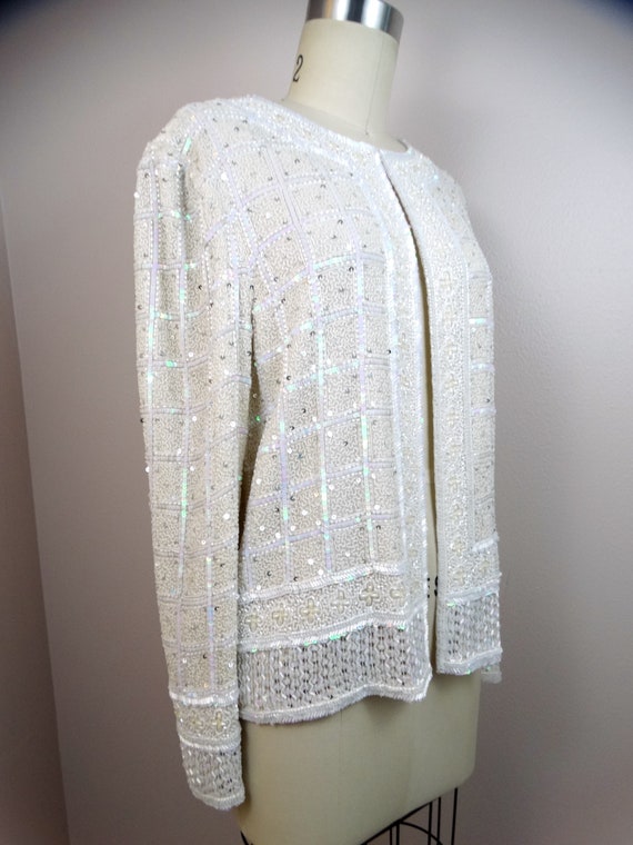 Iridescent Sequin Jacket // Bright White Beaded O… - image 3