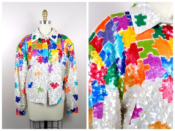 GLAM All Embellished Sequin Jacket / Rainbow Puzz… - image 1