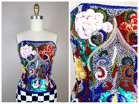 Whimsical Beaded Sequin Bustier // Colorful Beaded Sequined | Etsy