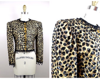 Vintage Designer Couture Sequin Beaded Bolero / Spotted Wild Animal Sequined Cropped Jacket by Jeanette for St. Martin