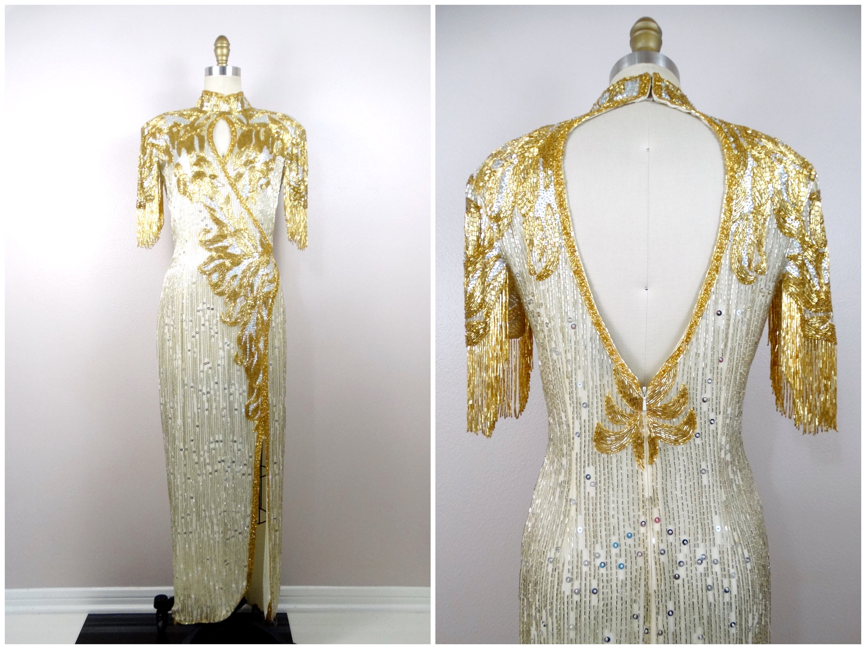 DAZZLING Beaded Fringe Gown // Avant Garde Vintage Couture Silver and Gold Beaded Sequined Dress