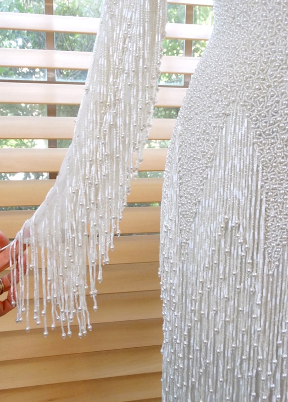 Dripping Pearls Beaded Wedding Dress / White Silk… - image 2