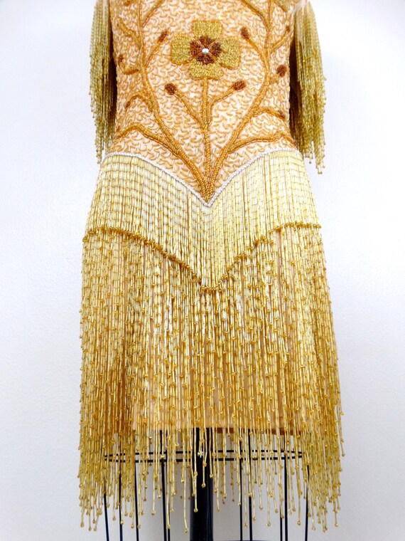 HEAVY Fringe Beaded Mini Dress // Glam Gold Haute… - image 3