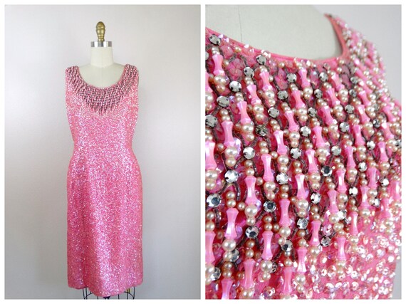 60's Pink Beaded Sequin Dress ‣ Pastel Pink Sequin