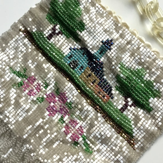 Antique Micro Beaded Scene Fringe Handbag // Art … - image 2