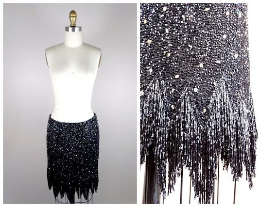 90s Glass Beaded Fringe Sequined Mini Skirt // Fu… - image 1