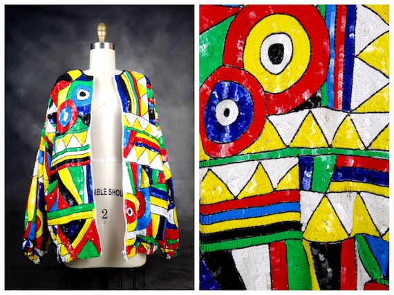 VTG Bright Sequin Coat // Retro Embellished Bombe… - image 1