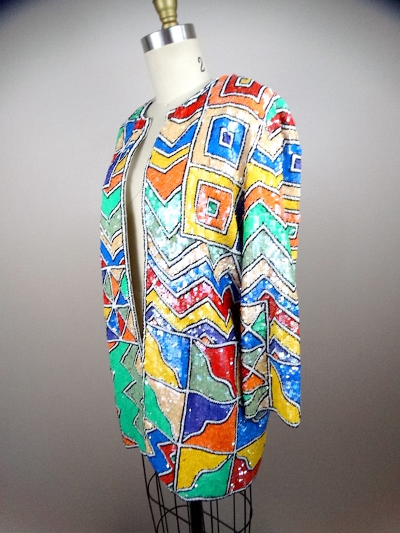 RARE Glam Sequin Beaded Jacket / Bright Color Block G… - Gem