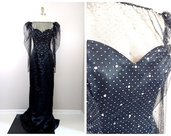 Vintage James Adams Rhinestone Evening Gown, Sheer Mesh Couture Dress