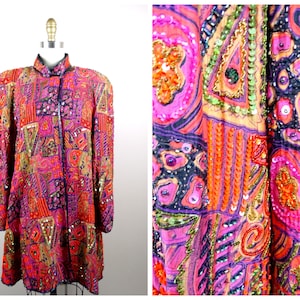 VTG Sequin Duster Jacket / Bohemian Novelty Open Kaftan / Bright Pink Purple Red Orange Vintage Beaded Sequined Swing Coat