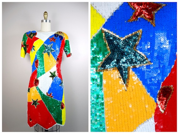 RARE Geometric Star Sequin Dress // Hearts and St… - image 1