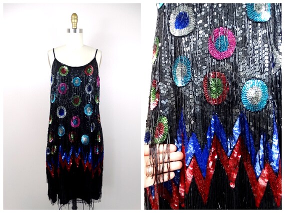 RARE Fringe Beaded Dress // Rainbow Sequined Circ… - image 8