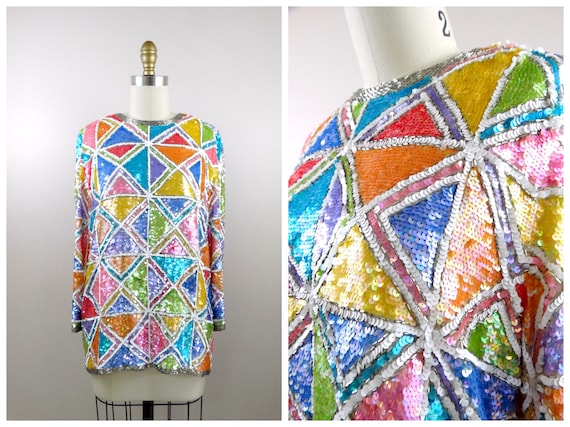 RARE Sparkling Beaded Top / Pastel Rainbow Color … - image 1