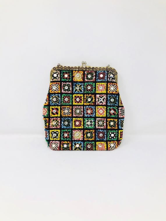 60s Patchwork Crystal Beaded Purse // 1960s Vintage Seed Bead 