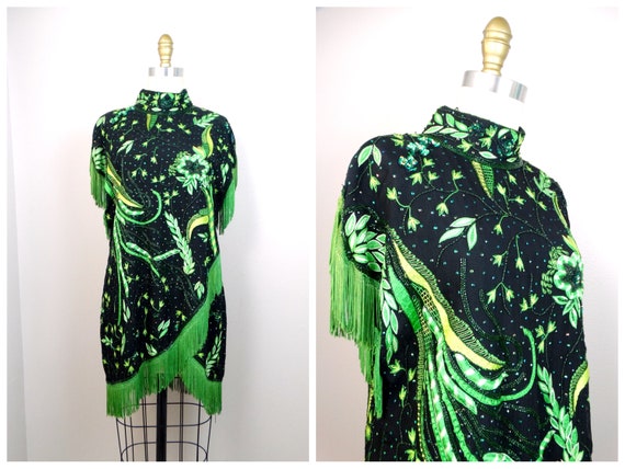 VTG Sequin Embellished Cheongsam Mini Dress / Gre… - image 1