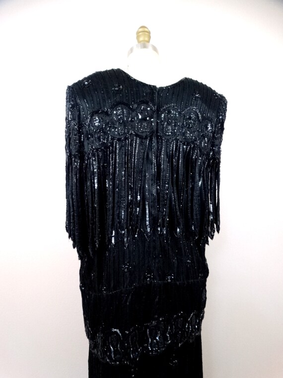70s Black Lace Beaded 2 pc Fringe Gown // Art Dec… - image 7