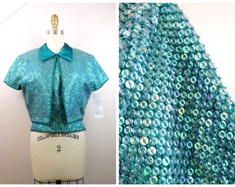 Couture Iridescent Sequin Beaded Top and Shrug // Emerald Jade Teal Turquoise Green Silk Sequined Crop Top and Bolero Ensemble