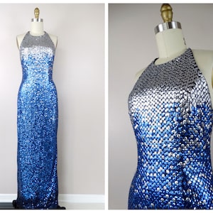 Silver & Blue Ombré Sequin Gown // Open Back Metallic Sequin Embellished Dress // Mirror Silver and Dark Blue Sequined Gown