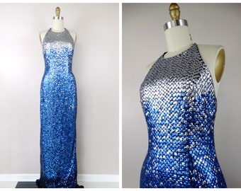 Silver & Blue Ombré Sequin Gown // Open Back Metallic Sequin Embellished Dress // Mirror Silver and Dark Blue Sequined Gown