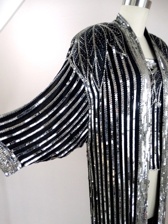 VTG Beaded Silk Sequined Kimono and Top / Black a… - image 5